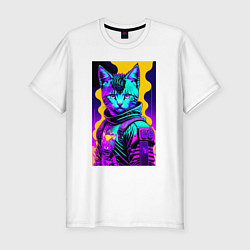 Мужская slim-футболка Прикольный неоновый котёнок - киберпанк