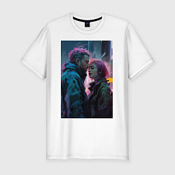 Мужская slim-футболка Влюбленные в городе в стиле киберпанк