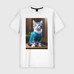 Мужская slim-футболка Кот в голубом костюме