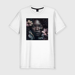 Мужская slim-футболка Девушка в чёрных матовых цветах - нейросеть