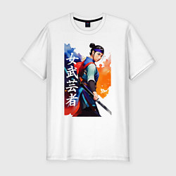 Мужская slim-футболка Онна-бугэйся - девушка-самурай - акварель