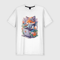 Футболка slim-fit Лиса геймер за компьютером, цвет: белый
