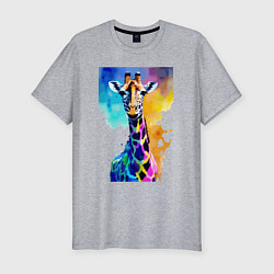 Мужская slim-футболка Маленький жирафёнок - Африка - акварель