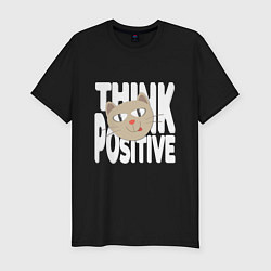 Мужская slim-футболка Забавный кот и надпись Think positive