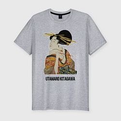 Мужская slim-футболка Утамаро Китагава - картина Гейша с трубкой