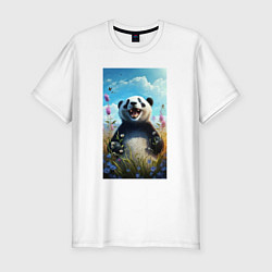 Футболка slim-fit Довольная панда на природе, цвет: белый