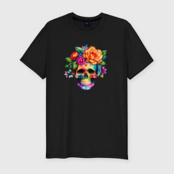 Футболка slim-fit Череп с цветами в мексиканском стиле, цвет: черный