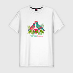Мужская slim-футболка Влюбленные попугаи среди тропических листьев