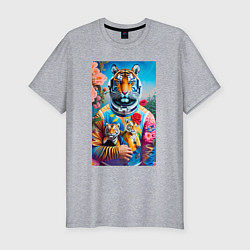 Футболка slim-fit Тигрица - космонавт с тигрятами - нейросеть, цвет: меланж