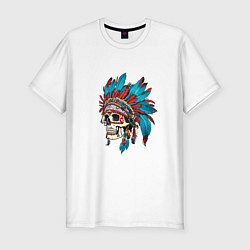 Мужская slim-футболка Череп Индейца с перьями