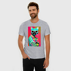 Футболка slim-fit Cat in sunglasses - pop art, цвет: меланж — фото 2