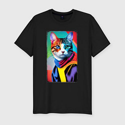 Мужская slim-футболка Котик с разными по цвету глазами - поп-арт