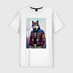 Мужская slim-футболка Модный волчара - житель Нью-Йорка - нейросеть