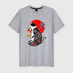 Мужская slim-футболка Котик - якудза и иероглиф