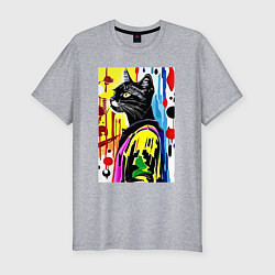 Мужская slim-футболка Модный чёрный кот - поп-арт