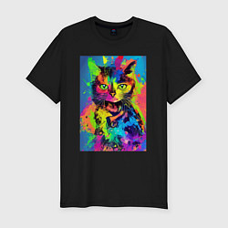 Мужская slim-футболка Funny cat - pop art - neural network