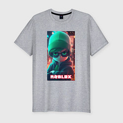 Мужская slim-футболка Роблокс в зеленой шапке