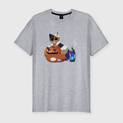 Мужская slim-футболка Кошка с Тыквой