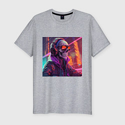 Футболка slim-fit Скелет в куртке в лучах неонового света, цвет: меланж