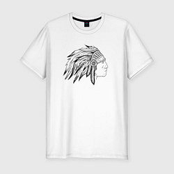 Мужская slim-футболка Профиль индеец с перьями рисунок