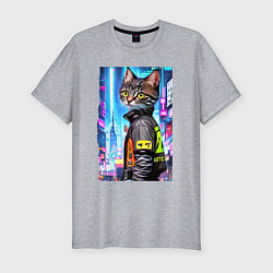 Мужская slim-футболка Котёнок в мегаполисе - нейросеть