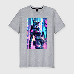Футболка slim-fit Крутая кошечка - киберпанк - нейросеть, цвет: меланж