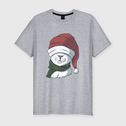 Мужская slim-футболка Белый кот в новогодней шапочке