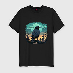 Мужская slim-футболка Черный ворон на кладбище