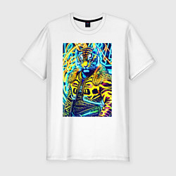 Мужская slim-футболка Neon tiger - pop art - neural network