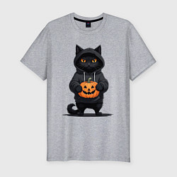 Мужская slim-футболка Кот в черном худи держит в руках тыкву
