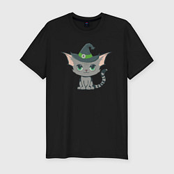 Мужская slim-футболка Кот в шляпе - милый котенок на хэллоуин