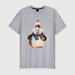 Мужская slim-футболка Пингвин в шарфе с подарками