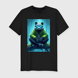 Мужская slim-футболка Панда слушает музон в лесу - нейросеть