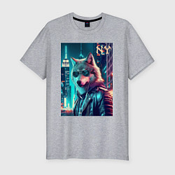 Мужская slim-футболка Крутой волчара в ночном Нью-Йорке