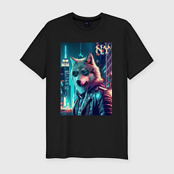 Мужская slim-футболка Крутой волчара в ночном Нью-Йорке