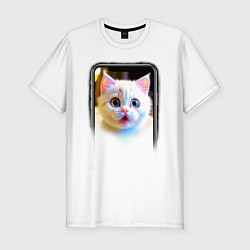 Мужская slim-футболка Кот в смартфоне