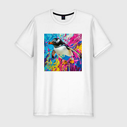 Мужская slim-футболка Плавающий в краске пингвин