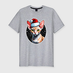 Мужская slim-футболка Кот породы Девон-рекс в новогодней шапке