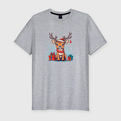 Мужская slim-футболка Новогодний олень в зимнем лесу