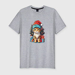 Мужская slim-футболка Кот в новогодней шапке на фоне елки