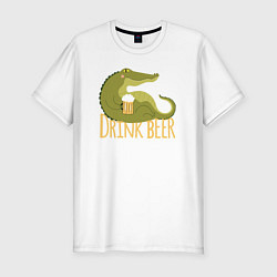 Футболка slim-fit Крокодил пьёт пиво, цвет: белый