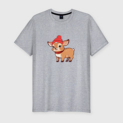 Мужская slim-футболка Маленький олень в красной шапке