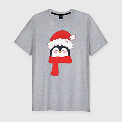 Мужская slim-футболка Новогодний пингвин в шапке Деда Мороза