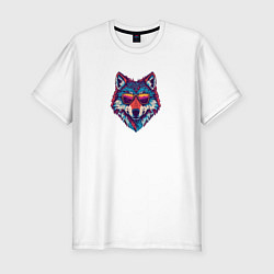 Мужская slim-футболка Красочный волк в стильных очках