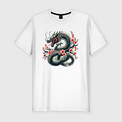 Мужская slim-футболка Japanese dragon and sakura - irezumi