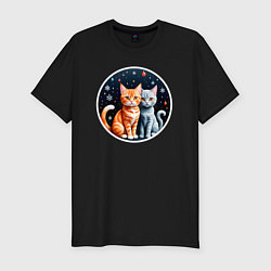 Мужская slim-футболка Два котика сидят в ожидании Нового Года