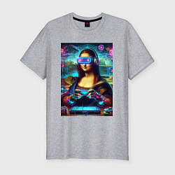 Мужская slim-футболка Mona Lisa is an avid gamer - cyberpunk