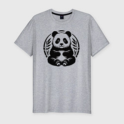 Мужская slim-футболка Сидящая чёрная панда в позе лотоса