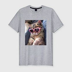 Мужская slim-футболка Милый мем-кот в очках в стиле аниме