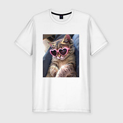 Мужская slim-футболка Милый мем-кот в очках в стиле аниме